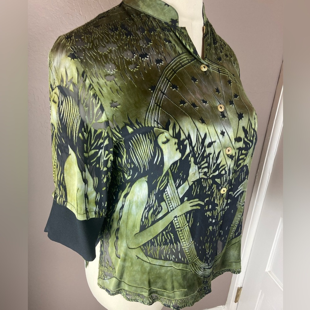 Gorgeous Green Citron Silk and Rayon Sheer Goddess Blouse - Medium - Picture 2 of 16
